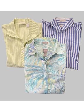 Chico’s Womens No Iron Button Down Shirts LOT of 3 Sz 0 Blue Green Stripe BUNDLE